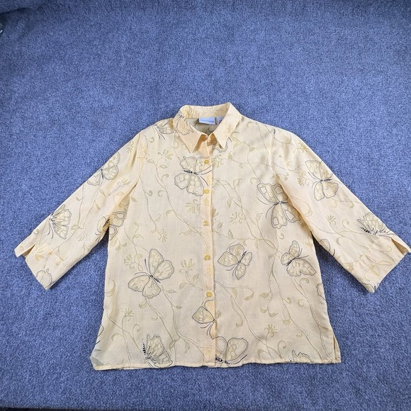 Alfred Dunner Tops - Alfred Dunner Blouse Women 14 Yellow Butterfly Button Up Silver Sparkle Coastal